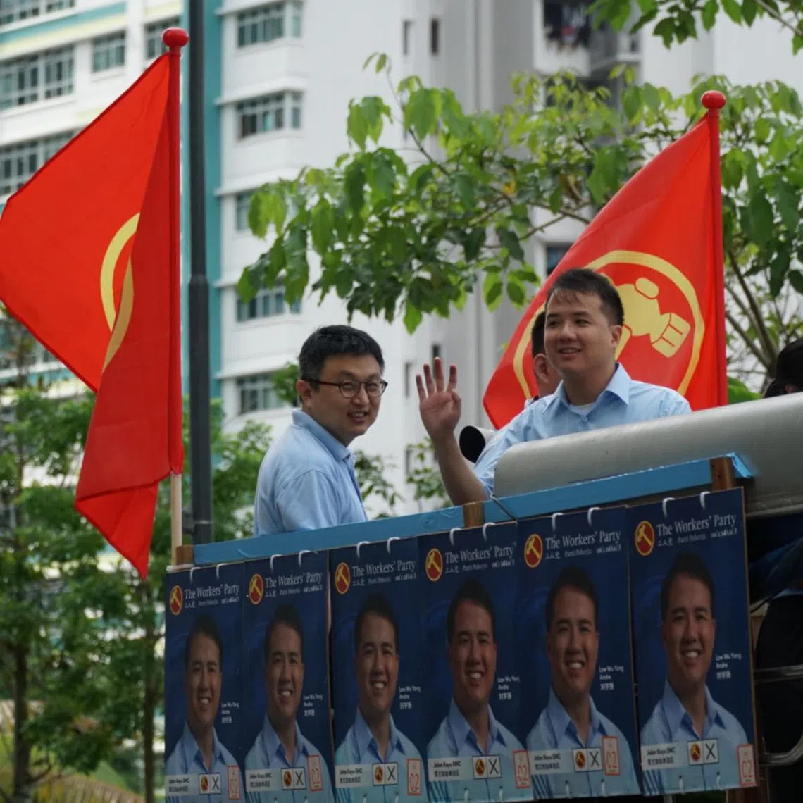 WP newcomer Andre Low (second from left) lost to labour chief Ng Chee Meng, 56, with 48.53 per cent of the vote in Jalan Kayu SMC.