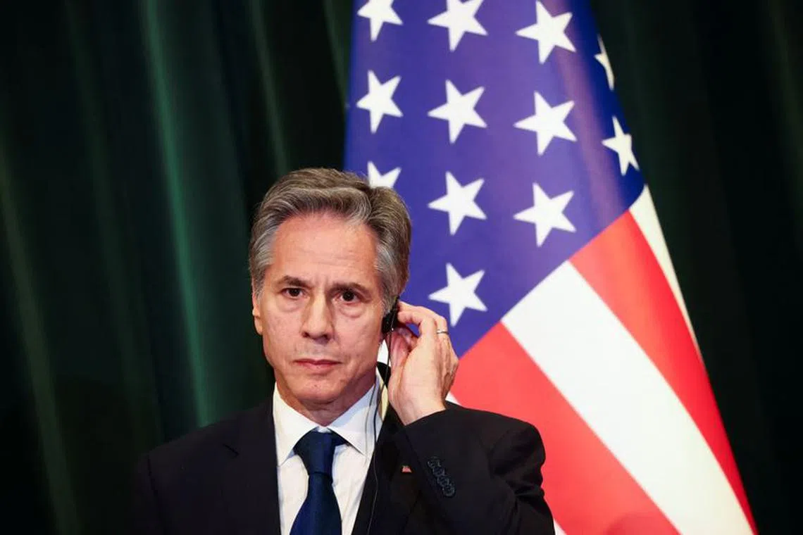 U.S. Secretary of State Antony Blinken listens at a press conference with Albania's Prime Minister Edi Rama (not pictured) during Blinken's visit to the country, in Tirana, Albania February 15, 2024. REUTERS/Florion Goga