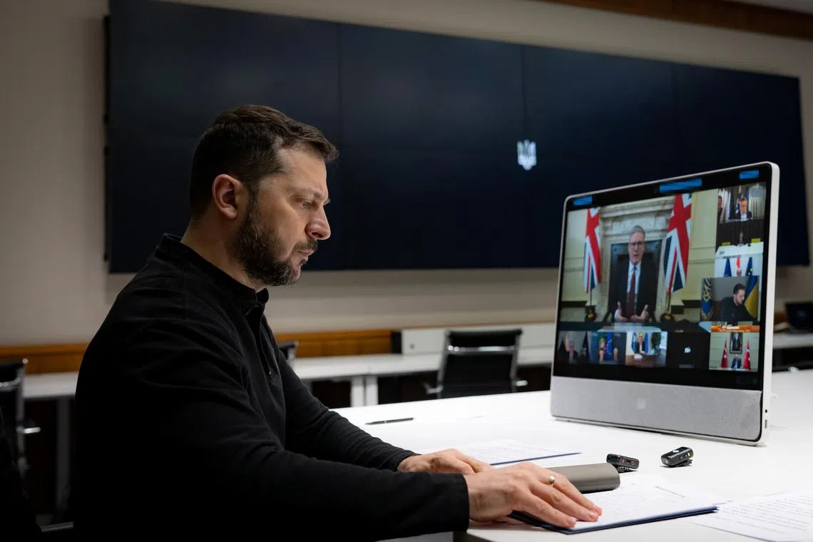 Ukrainian President Volodymyr Zelensky taking part in a virtual call with other European leaders and allies on March 15.