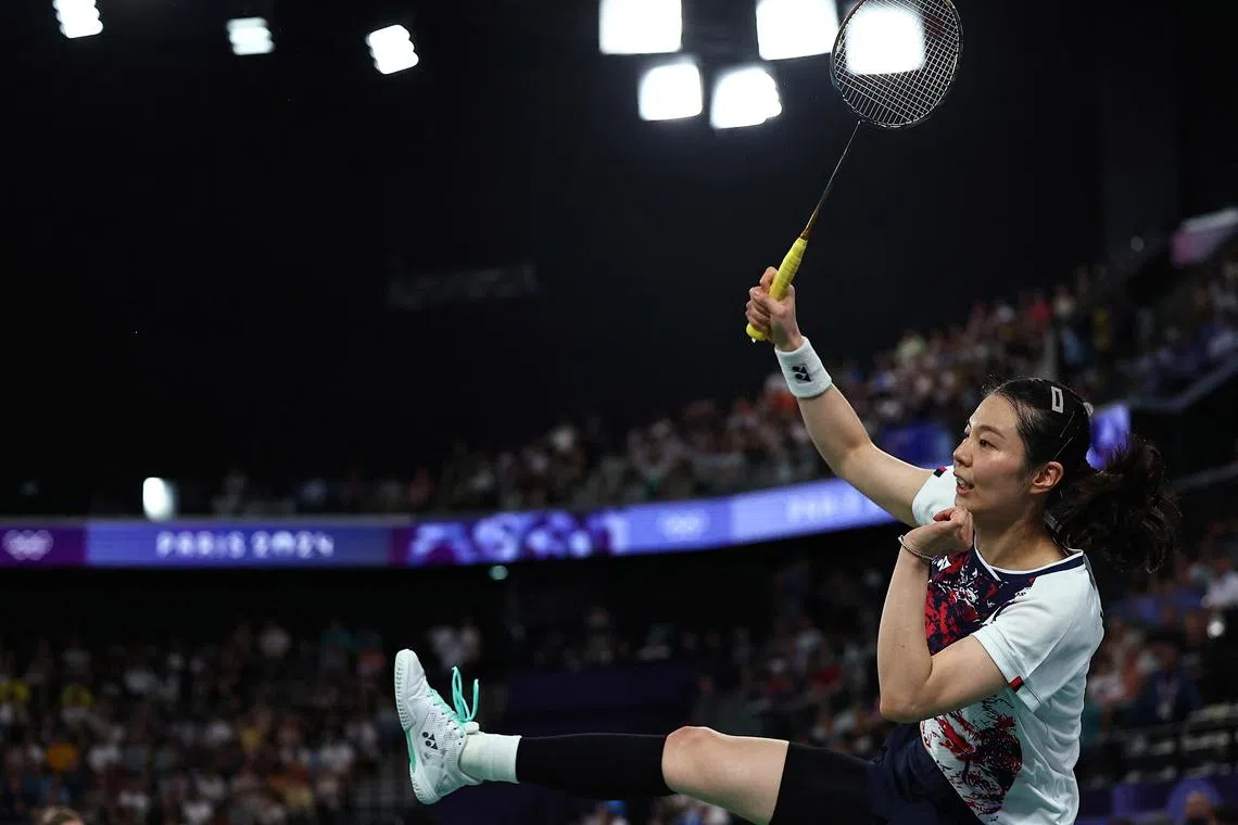Paris 2024 Olympics - Badminton - Women's Doubles Group play stage - Porte de La Chapelle Arena, Paris, France - July 30, 2024. So Yeong Kim of South Korea reacts during the Group C match with Hee Yong Kong of South Korea against Nami Matsuyama of Japan and Chiharu Shida of Japan. REUTERS/Ann Wang