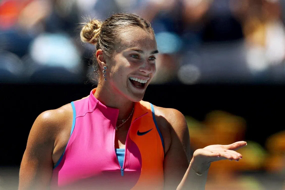 Tennis - Australian Open - Melbourne Park, Melbourne, Australia - January 27, 2026 Belarus' Aryna Sabalenka celebrates after winning her quarter final match against Iva Jovic of the U.S. REUTERS/Edgar Su