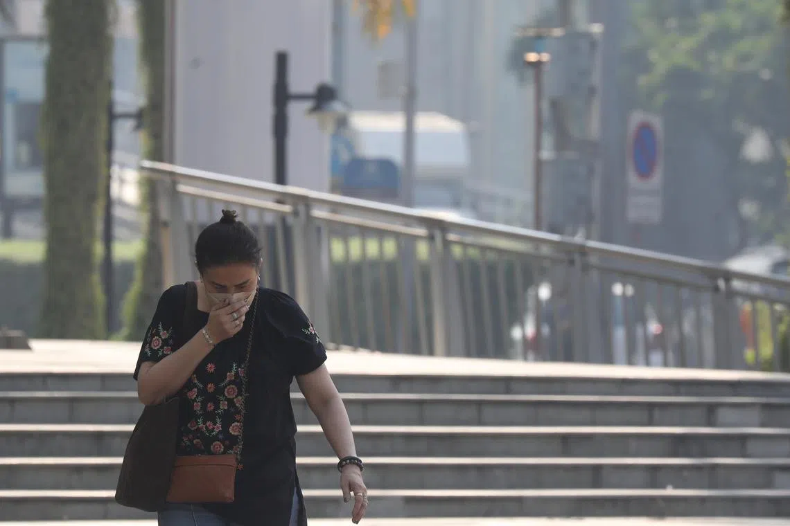 A pedestrian wears a face mask as air pollution of fine particulate matter (PM2.5) at harmful levels shrouds the surroundings in Bangkok, Thailand.