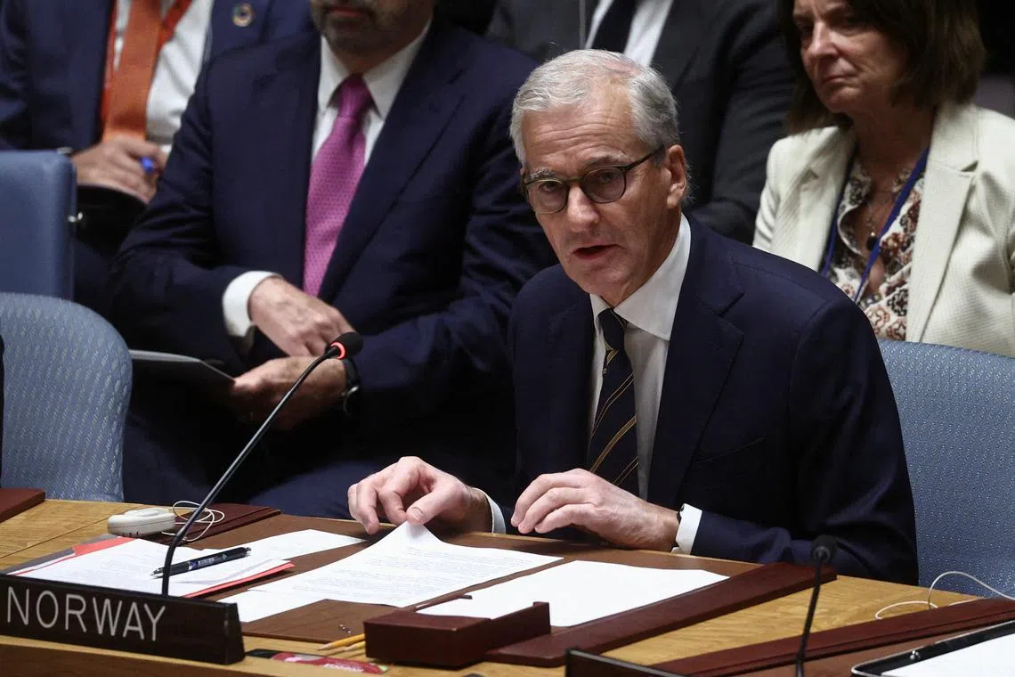 FILE PHOTO: Norway's Prime Minister Jonas Gahr Stoere speaks during a high level meeting of the United Nations Security Council on the situation amid Russia's invasion of Ukraine, at the 77th Session of the United Nations General Assembly at U.N. Headquarters in New York City, U.S., September 22, 2022. REUTERS/Amr Alfiky/File Photo