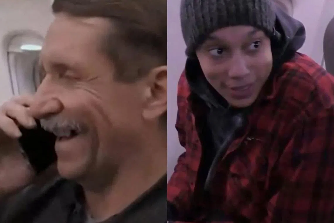 Russian arms dealer Viktor Bout and US basketball star Brittney Griner are seen on their flights home, as part of a US-Russia prisoner swop.