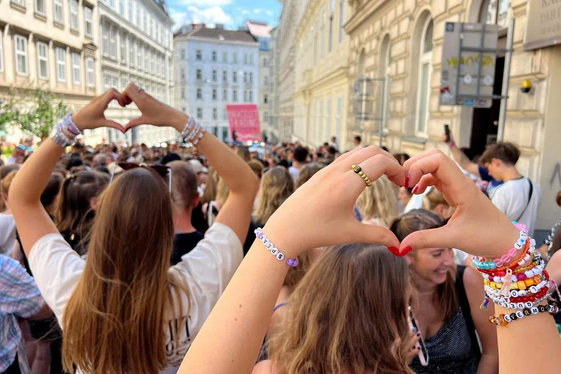 Stranded Swifties gather in Vienna at the Corneliusgasse, after the government confirmed a planned attack at the venue and the cancellations of Taylor Swift concerts in Vienna, Austria, August 8, 2024. 