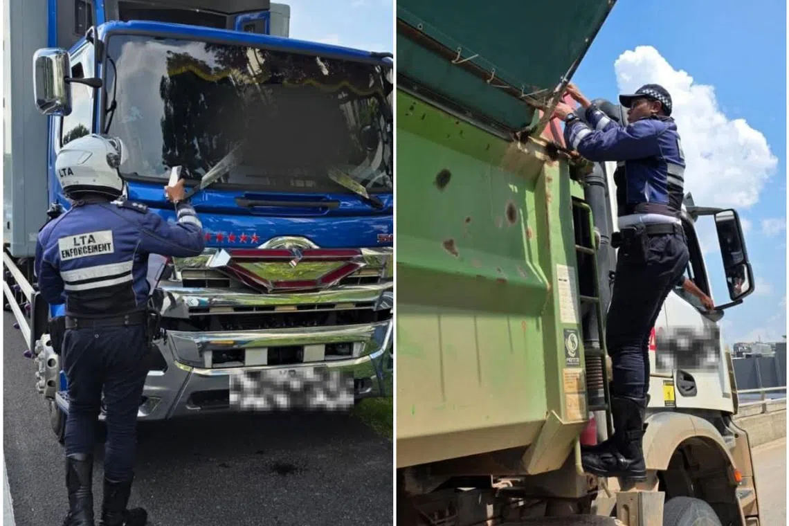 LTA enforcement officers conducting checks on heavy vehicles during the three-day islandwide enforcement blitz in May 2025.
