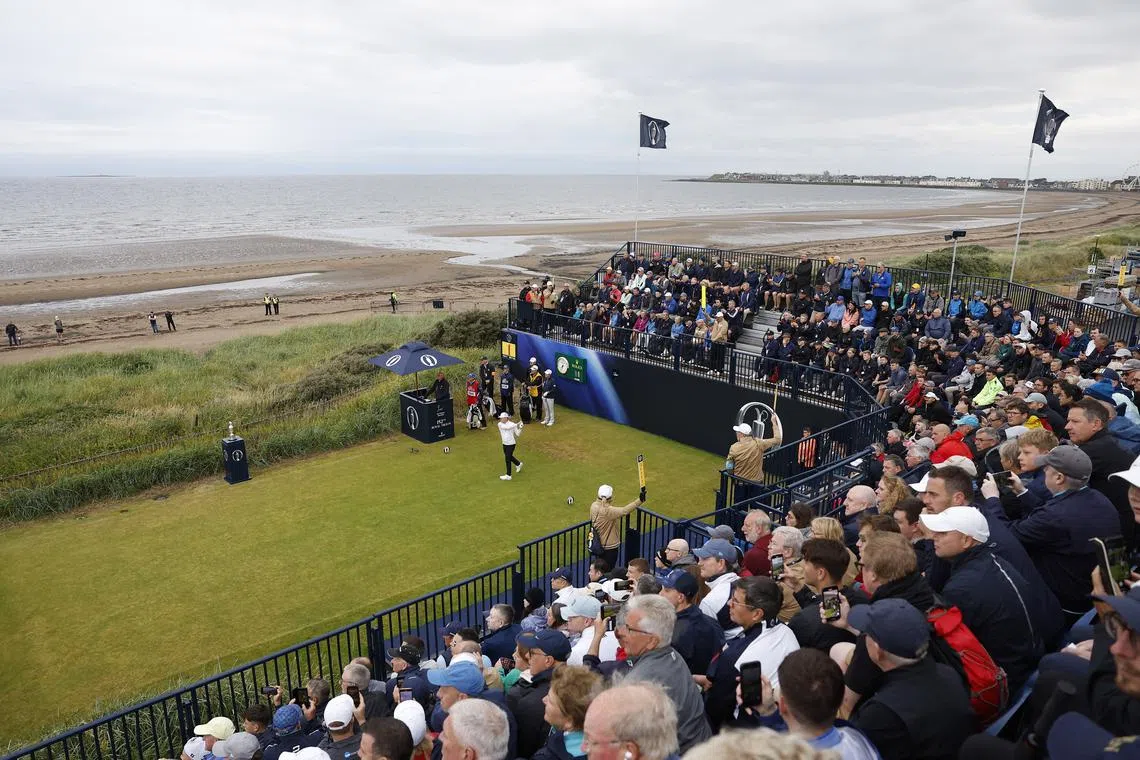 Golf - The 152nd Open Championship - Royal Troon Golf Club, Troon, Scotland, Britain - July 18, 2024 Justin Leonard of the U.S. hits the opening tee shot in the 152nd Open Championship during the first round REUTERS/Jason Cairnduff