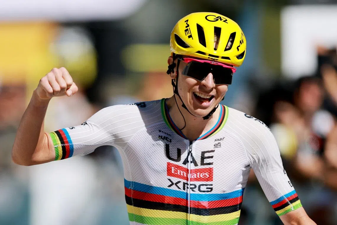 UAE Team Emirates-XRG’s Tadej Pogacar celebrates winning stage 3 of Tour de France on July 6.