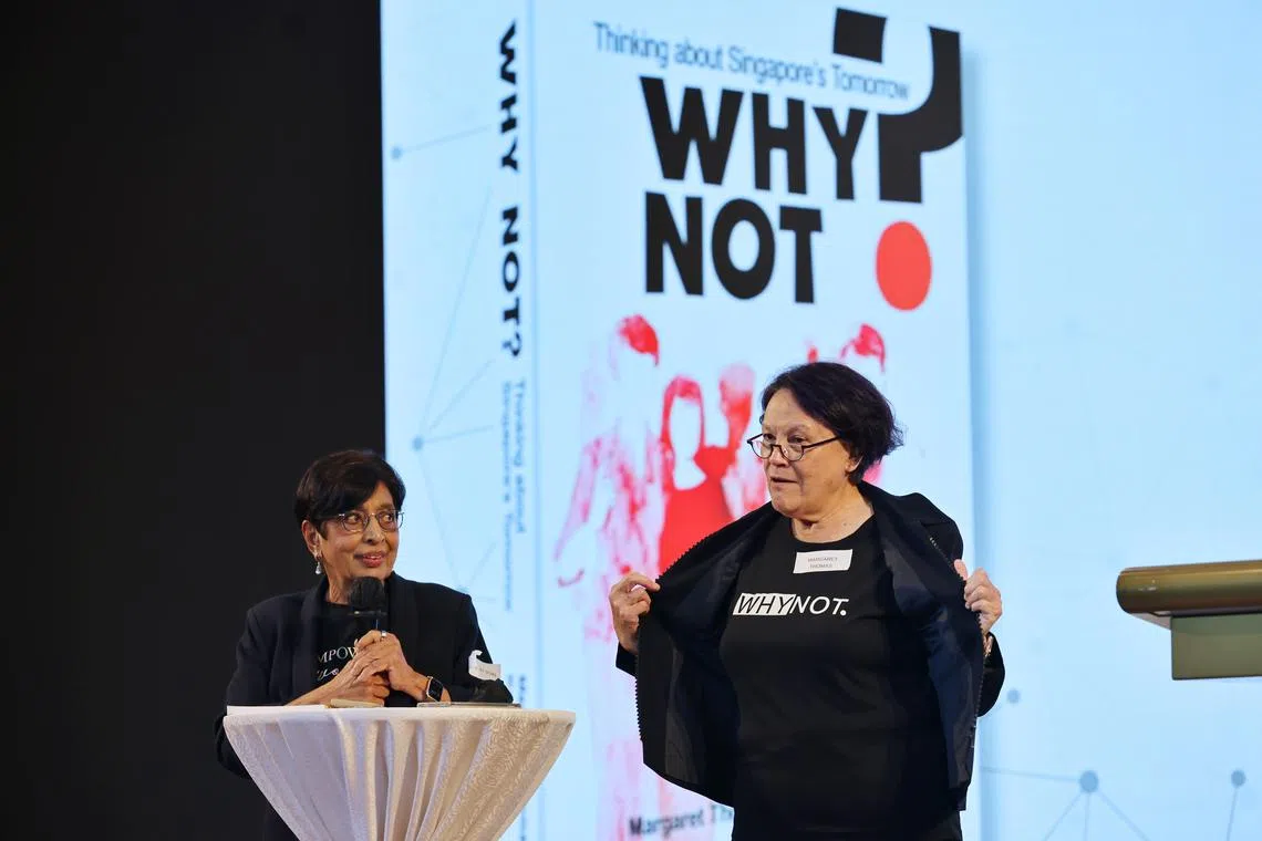 Ex-journalist Margaret Thomas (right) and hand surgeon Kanwaljit Soin, editors of Why Not? Thinking About Singapore’s Tomorrow, at the book launch on June 25.