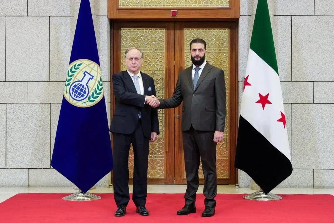 Syria's interim President Ahmed al-Sharaa meets with Fernando Arias, the head of the Organisation for the Prohibition of Chemical Weapons (OPCW) in Damascus, Syria, in this handout released on February 8, 2025. Syrian Presidency/Handout via REUTERS