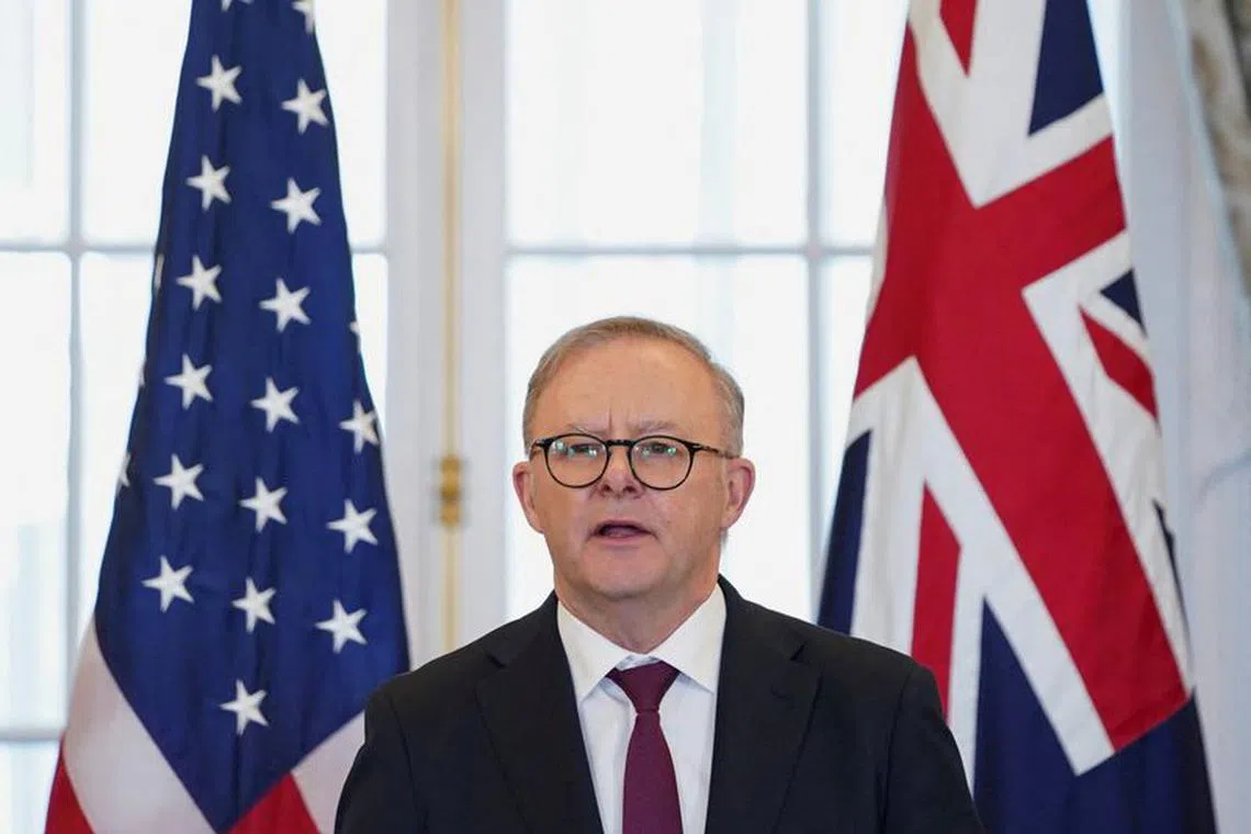 FILE PHOTO: Australia's Prime Minister Anthony Albanese speaks during a luncheon in his honour hosted by U.S. Secretary of State Antony Blinken and Vice President Kamala Harris the State Department in Washington, U.S., October 26, 2023. REUTERS/Nathan Howard/File Photo