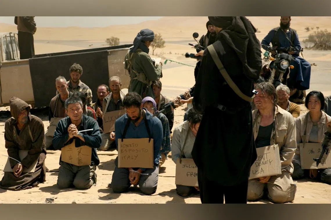 Simon Yam (foreground, left), Xiao Yang (foreground, second from left) and Qi Xi (background, right) in Escape From The Outland.