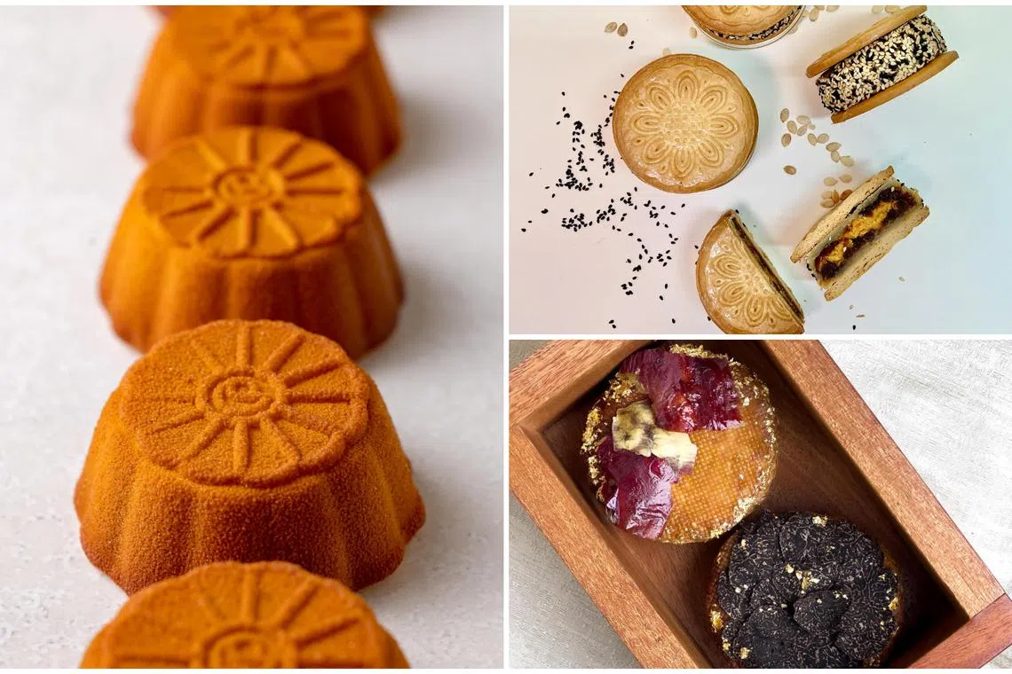 (Clockwise from left) Cedric Grolet Singapore's Mooncake, Ollella's hae bee hiam salted egg yolk mooncake, and Ami Patisserie's puff pastry spin on mooncakes. 