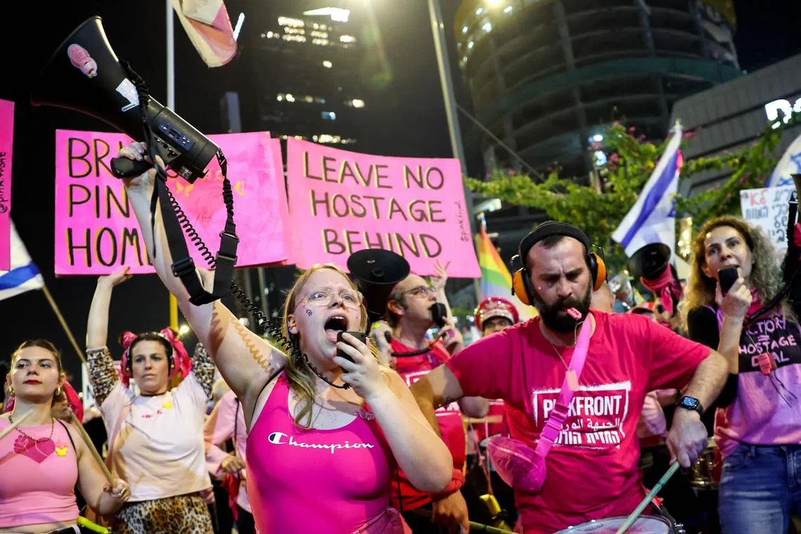 Demonstrators call for action to release the remaining hostages held captive in Gaza.