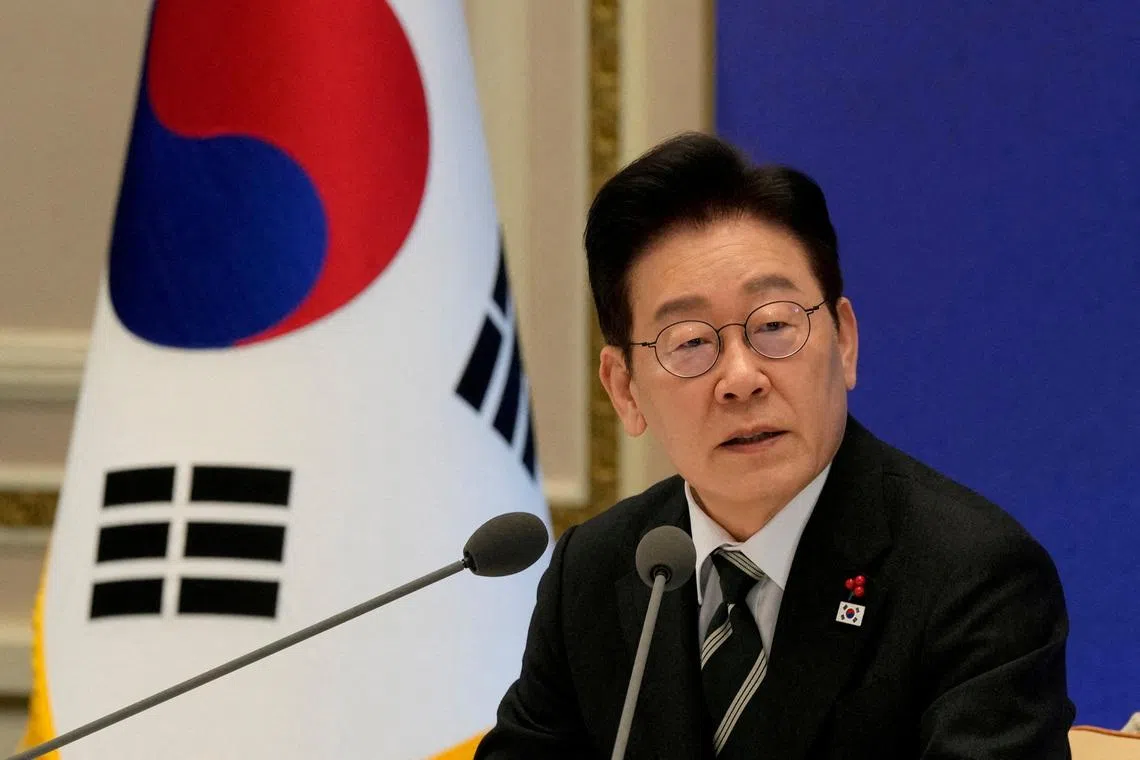 FILE PHOTO: South Korean President Lee Jae Myung speaks during his new year press conference at the presidential Blue House in Seoul, South Korea, Wednesday, Jan. 21, 2026. Ahn Young-joon/Pool via REUTERS/File Photo