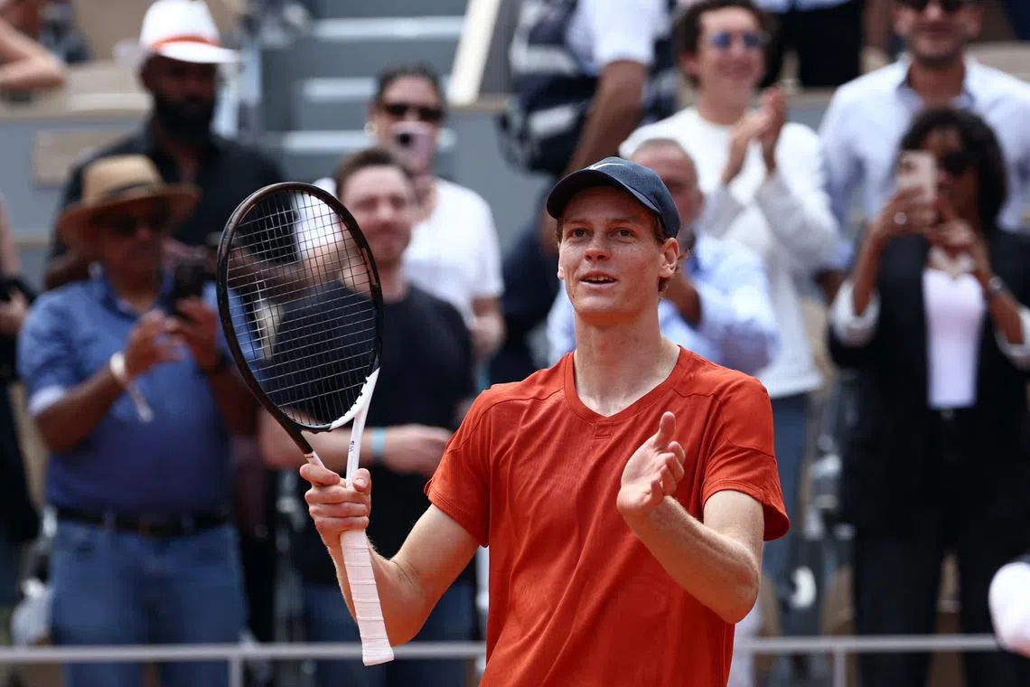 Tennis - French Open - Roland Garros, Paris, France - June 4, 2024 Italy's Jannik Sinner celebrates winning his quarter final match against Bulgaria's Grigor Dimitrov REUTERS/Yves Herman