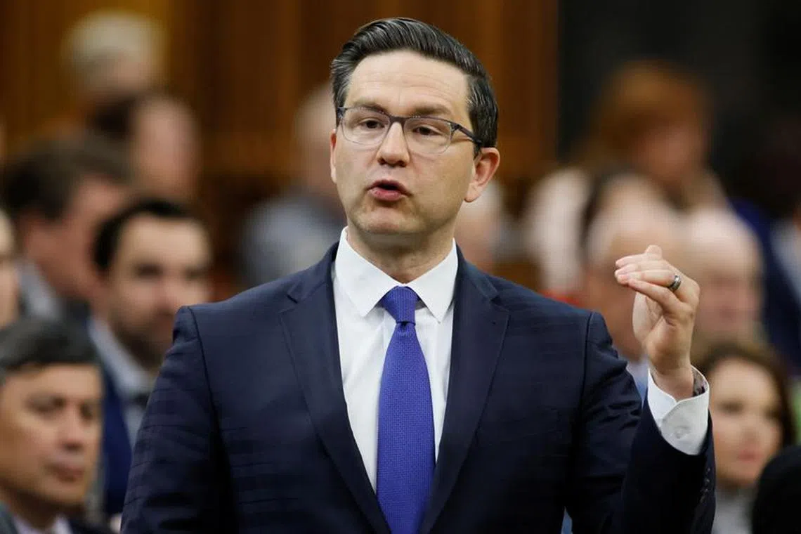 FILE PHOTO: Canada's Conservative Party of Canada leader Pierre Poilievre speaks during Question Period in the House of Commons on Parliament Hill in Ottawa, Ontario, Canada April 19, 2023. REUTERS/Blair Gable/File Photo