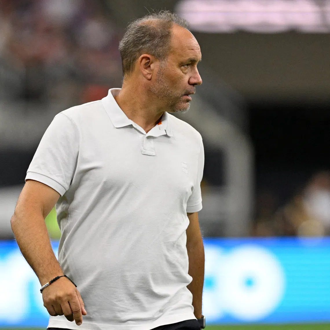 FILE PHOTO: Jun 22, 2025; Arlington, Texas, USA; Haiti head coach Sebastien Migne looks on during the first half against the United States of America during a group stage match of the 2025 Gold Cup at AT&T Stadium. Mandatory Credit: Jerome Miron-Imagn Images/File Photo