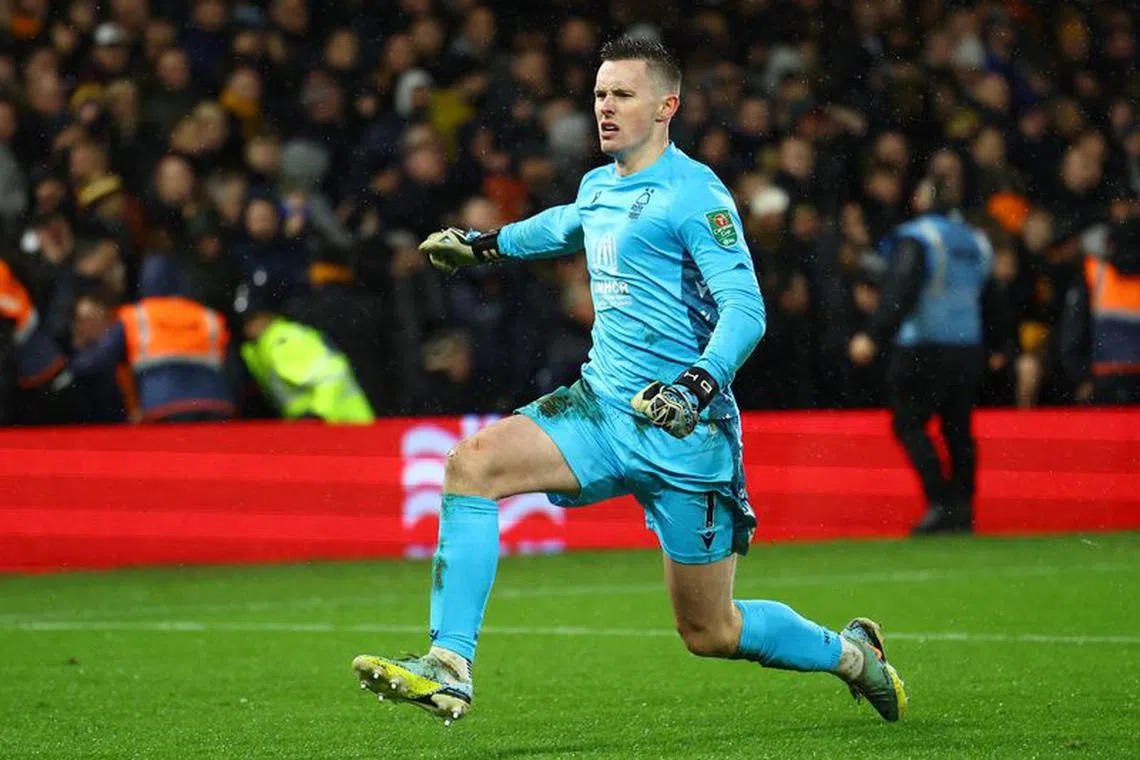 FILE PHOTO: Soccer Football - Carabao Cup - Quarter Final - Nottingham Forest v Wolverhampton Wanderers - The City Ground, Nottingham, Britain - January 11, 2023 Nottingham Forest's Dean Henderson celebrates after winning the penalty shootout REUTERS/Molly Darlington/File photo