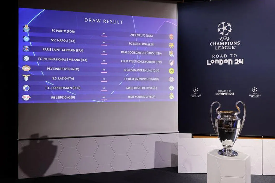 Soccer Football - Champions League - Round of 16 Draw - Nyon, Switzerland - December 18, 2023 The Champions League trophy is displayed with the round of 16 draw REUTERS/Pierre Albouy