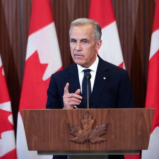 Canadian Prime Minister Mark Carney speaking at a press conference in Ottawa after trade talks with the US collapsed. 