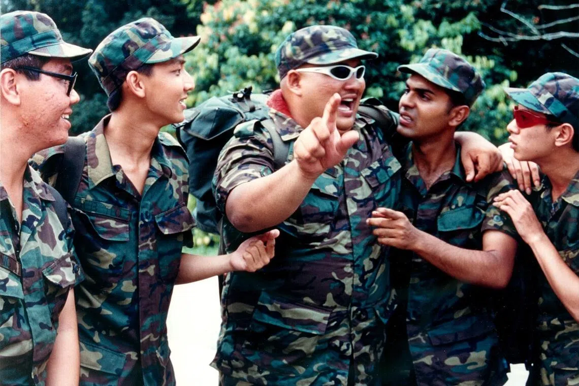 Cinema still: Army Daze starring (from left)  Edward Yong as recruit Malcolm Png, Adrian Lim as recruit Teo Ah Beng, Sheikh Haikel as recruit Johari Salleh and Ahmed Azad,  Ahmed Azad as recruit Krishnamoorthy and Kevin Verghese as recruit Kenny Pereira