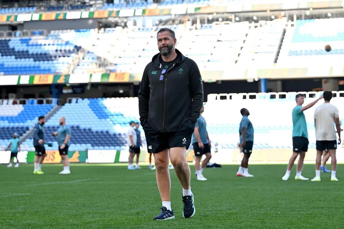 Ireland head coach Andy Farrell watches players during a Captain’s Runs at the Allianz Stadium in Sydney on July 3, 2026, ahead of a National Championship match against Australia. (Photo by SAEED KHAN / AFP) / - IMAGE RESTRICTED TO EDITORIAL USE - STRICTLY NO COMMERCIAL USE -