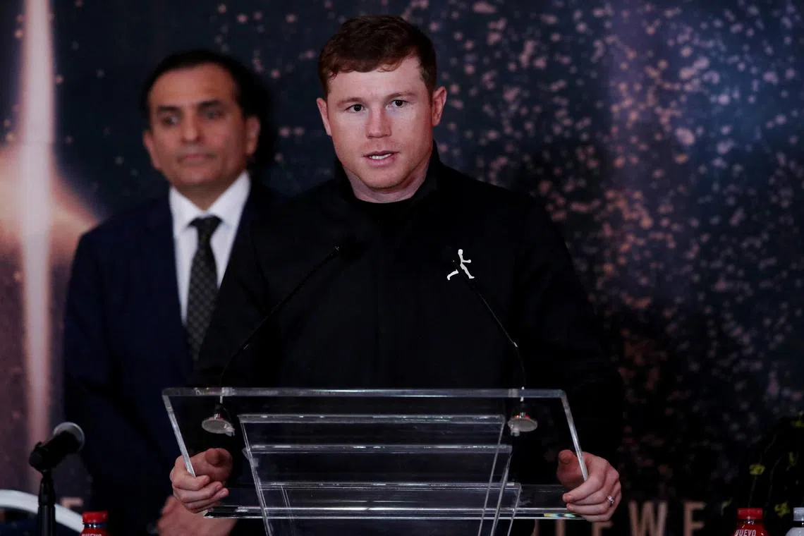 FILE PHOTO: Boxing - Canelo Alvarez v John Ryder Press Conference - Guadalajara, Mexico - May 3, 2023 Canelo Alvarez speaks during the press conference REUTERS/Henry Romero/File Photo