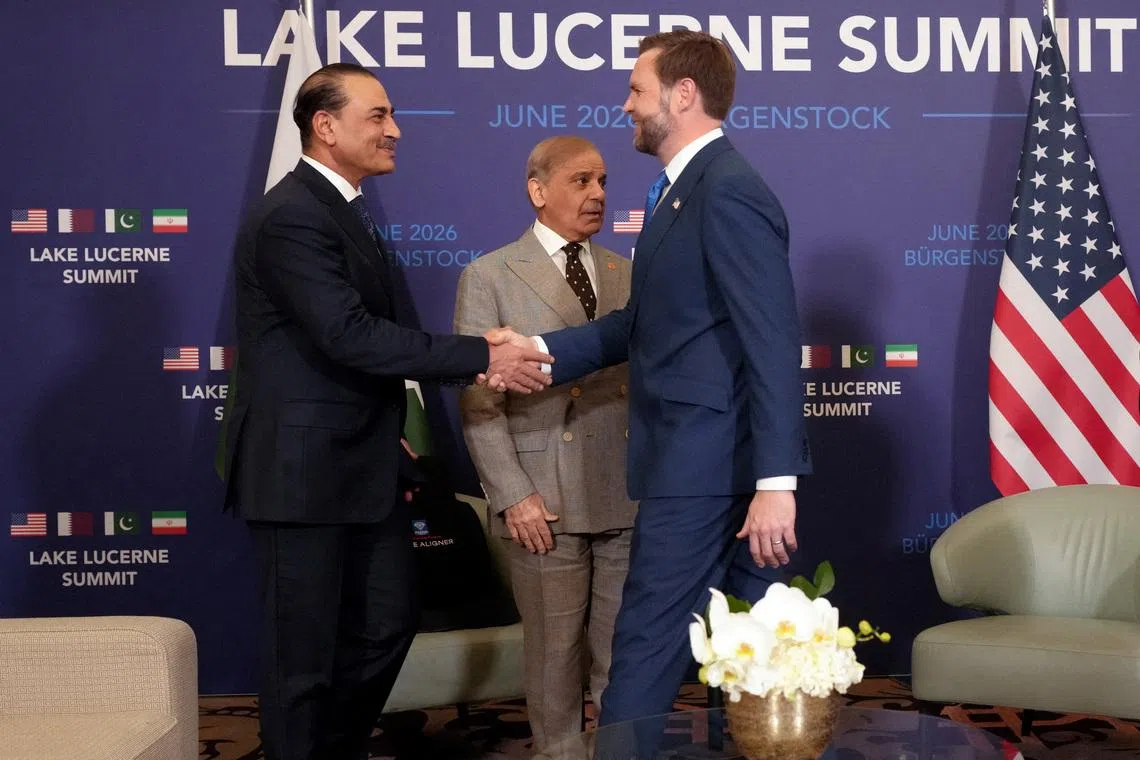 (From left) Pakistani army chief Field Marshal Asim Munir, Pakistani Prime Minister Shehbaz Sharif and US Vice-President J.D. Vance in the Swiss town of Buergenstock on June 21.