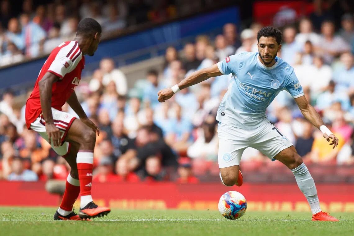 Omar Marmoush of Manchester City (right) in action during their 3-0 Community Shield defeat by Arsenal at the Millennium Stadium in Cardiff on Aug 16.