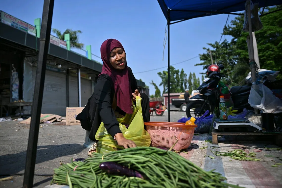 Asmarawati, 39, selling vegetables at a market in Banjarbaru.