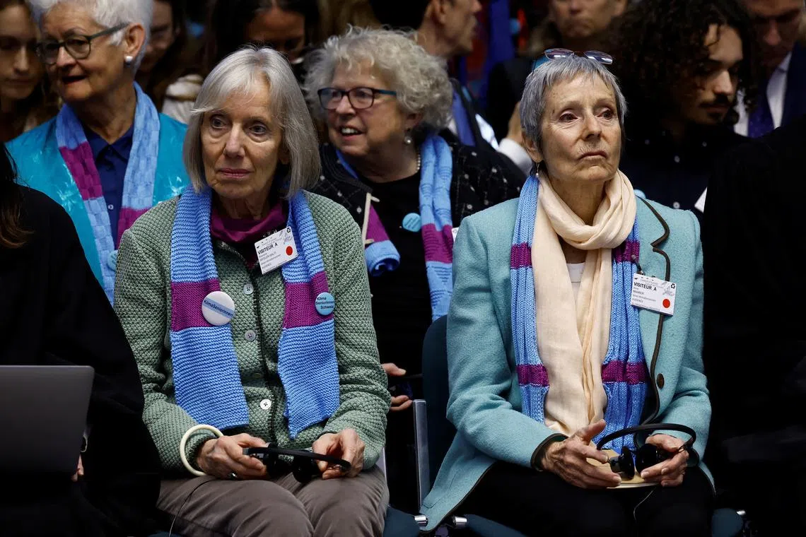 Rosmarie Wydler-Walti and Anne Mahrer, of the Swiss elderly women group Senior Women for Climate Protection, attend the hearing of the court for the ruling in the climate case Verein KlimaSeniorinnen Schweiz and Others v. Switzerland, at the European Court of Human Rights (ECHR) in Strasbourg,, France April 9, 2024. REUTERS/Christian Hartmann
