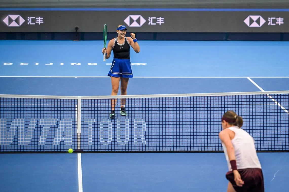 Russia's Mirra Andreeva celebrates after defeating Czech Republic's Nikola Bartunkova 6-2, 6-2 during the semifinal of the China Open tennis tournament at the National Tennis Centre in Beijing, on Oct 10, 2026.
