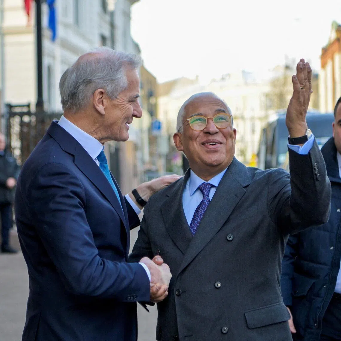 Norwegian Prime Minister Jonas Gahr Store (left) welcoming European Council president Antonio Costa to Oslo on Feb 19.