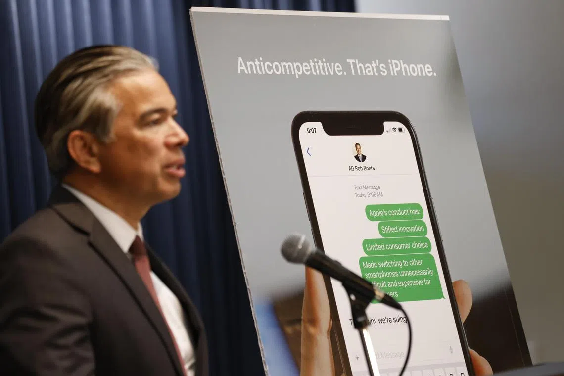 California's Attorney General Rob Bonta speaks during a news conference announcing an antitrust case against Apple on March 21, 2024. T