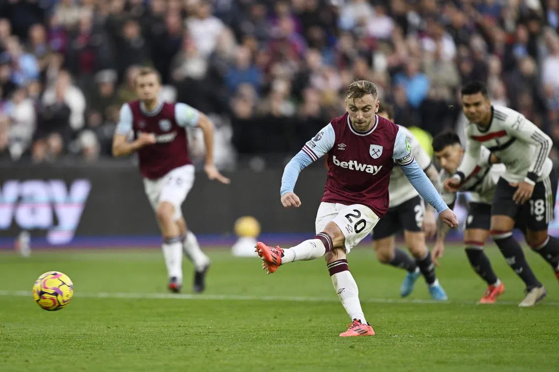West Ham United captain Jarrod Bowen scoring their winner from the penalty spot as they beat Manchester United 2-1 in the English Premier League at the London Stadium on Oct 27. 