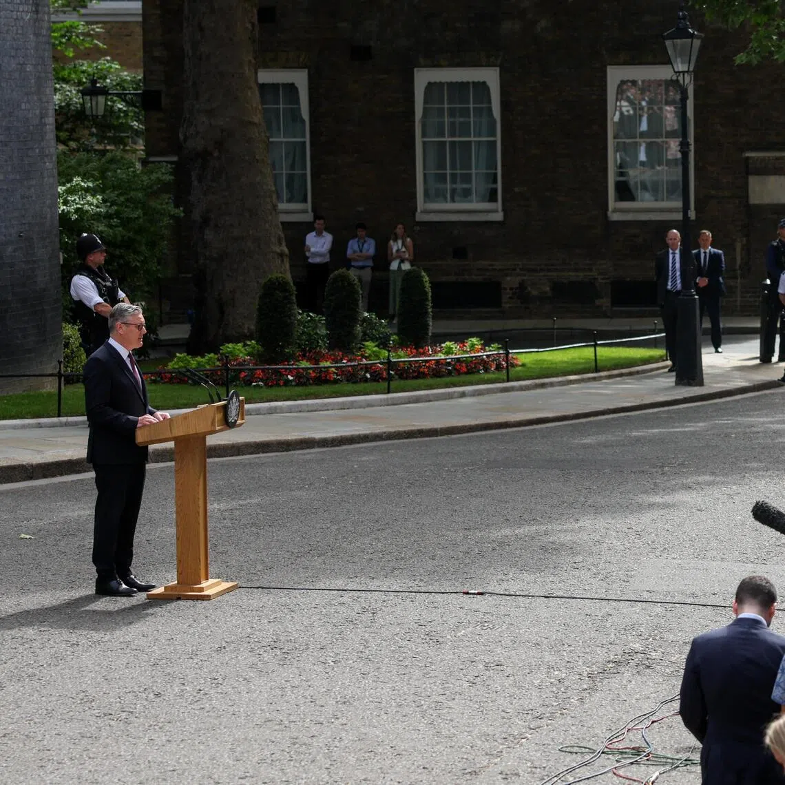 British Prime Minister Keir Starmer announcing his resignation outside 10 Downing Street on June 22.