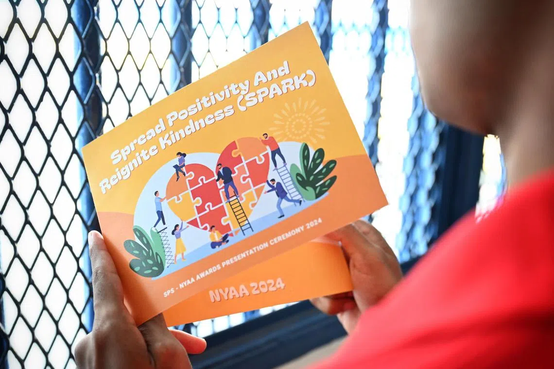 Vic (not his real name), 21 is one of 66 inmates who achieved the Gold award at this year's National Youth Achievement Award Ceremony, held at Tanah Merah Prison on Nov 27, 2024.