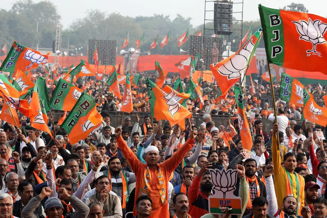 Bharatiya Janata Party supporters gather during an election campaign rally organized by BJP for the upcoming Delhi Assembly elections in New Delhi, India, Jan 31, 2025. 