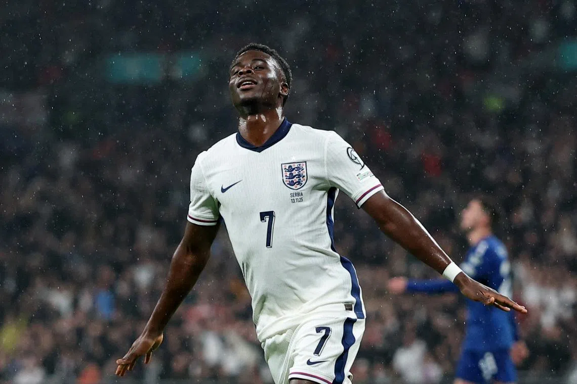 Soccer Football - World Cup - UEFA Qualifiers - Group K - England v Serbia - Wembley Stadium, London, Britain - November 13, 2025 England's Bukayo Saka celebrates scoring their first goal REUTERS/Toby Melville