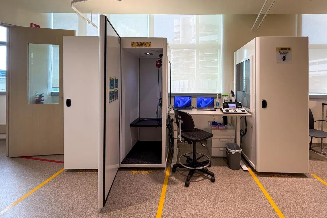 Portable audiometry booths at Ng Teng Fong General Hospital on June 19, 2026.