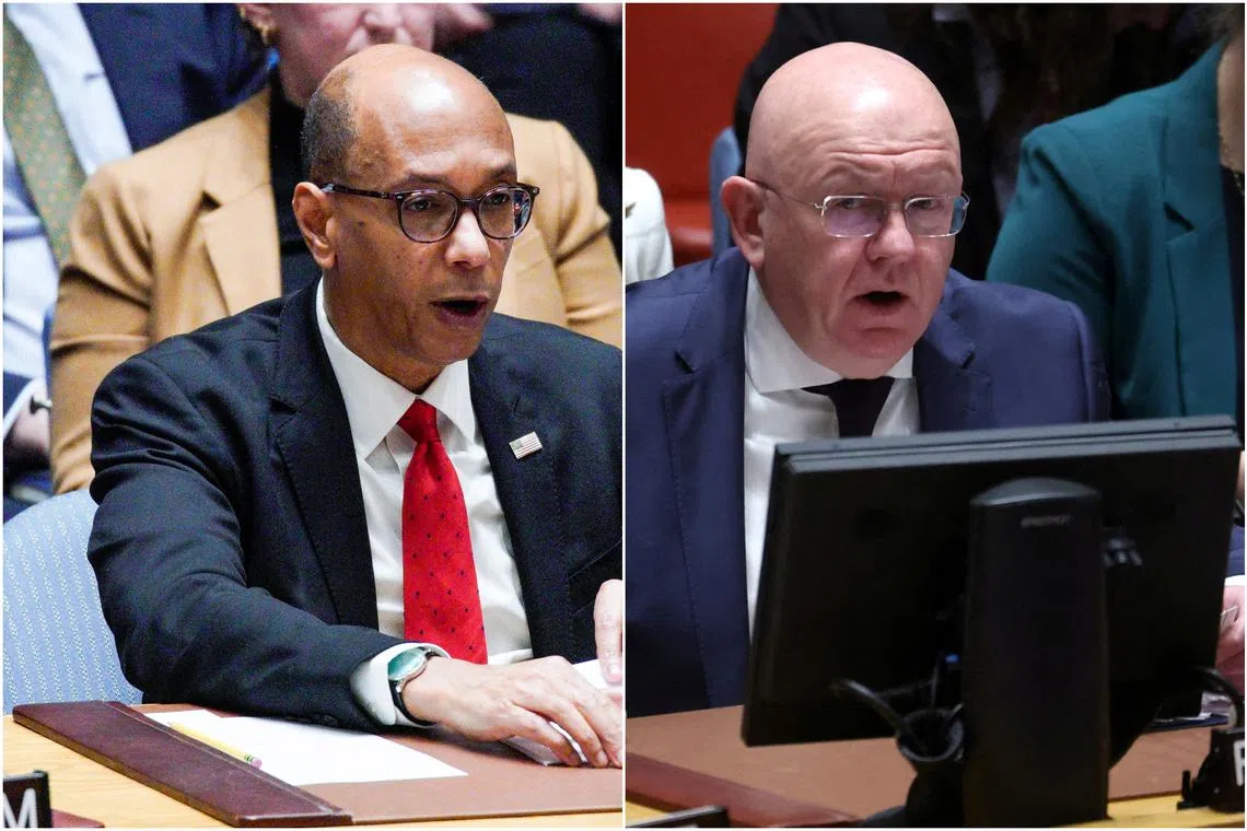 Deputy US Ambassador to the UN Robert Wood (left) and Russia’s UN Ambassador Vassily Nebenzia (right) traded accusations at a UN Security Council meeting on Ukraine.
