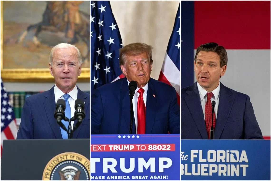 (From left) Mr Joe Biden, Mr Donald Trump and Mr Ron DeSantis are among the list of declared candidates for the 2024 Republican presidential nomination.