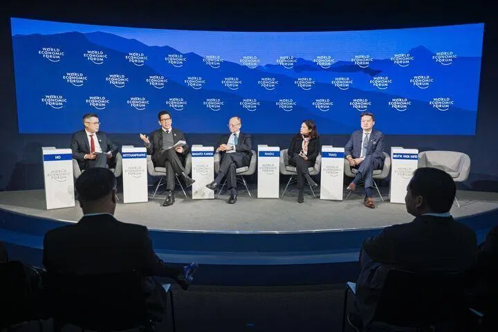 (From left) ST editor Jaime Ho moderating a panel discussion by Thailand’s DPM Ekniti Nitithanprapas, Asian Development Bank president Masato Kanda, Zurich Insurance Group Asia-Pacific CEO Tulsi Naidu, World Intellectual Property Organization director-general Daren Tang, and Indonesia’s Communication and Digital Affairs Minister Meutya Viada Hafid.

