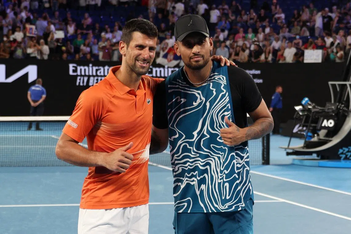 Tennis - Australian Open - Exhibition Match - Melbourne Park, Melbourne, Australia - January 13, 2023 Serbia's Novak Djokovic and Australia's Nick Kyrgios pose for photograph after the exhibition match REUTERS/Loren Elliott/File Photo
