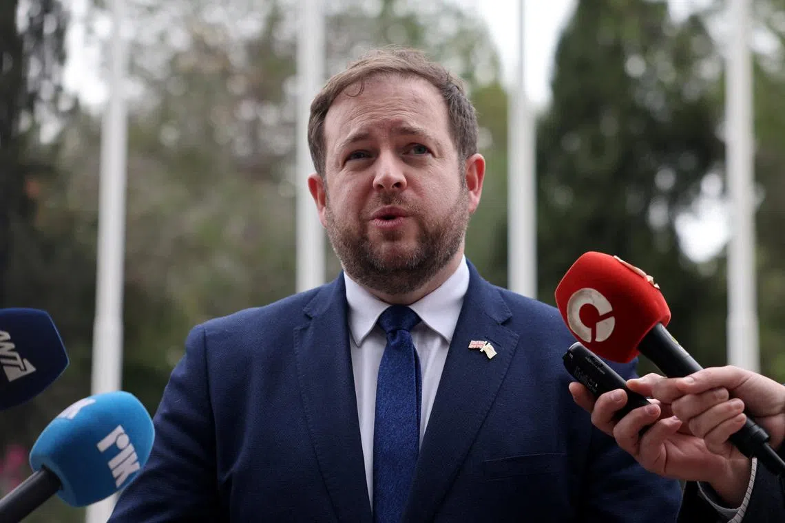 British Minister of State for Europe Stephen Doughty speaks to members of the media after a meeting  with Cyprus' Foreign Minister Constantinos Kombos at the Foreign Ministry in Nicosia, Cyprus, March 19, 2026. REUTERS/Yiannis Kourtoglou