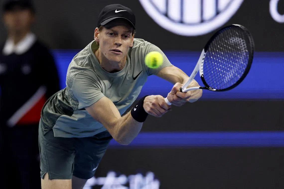 Italy's Jannik Sinner in action during his 6-3, 7-6 (7-3) semi-final win over China's Bu Yunchaokete at the China Open at the China National Tennis Centre in Beijing on Oct 1.