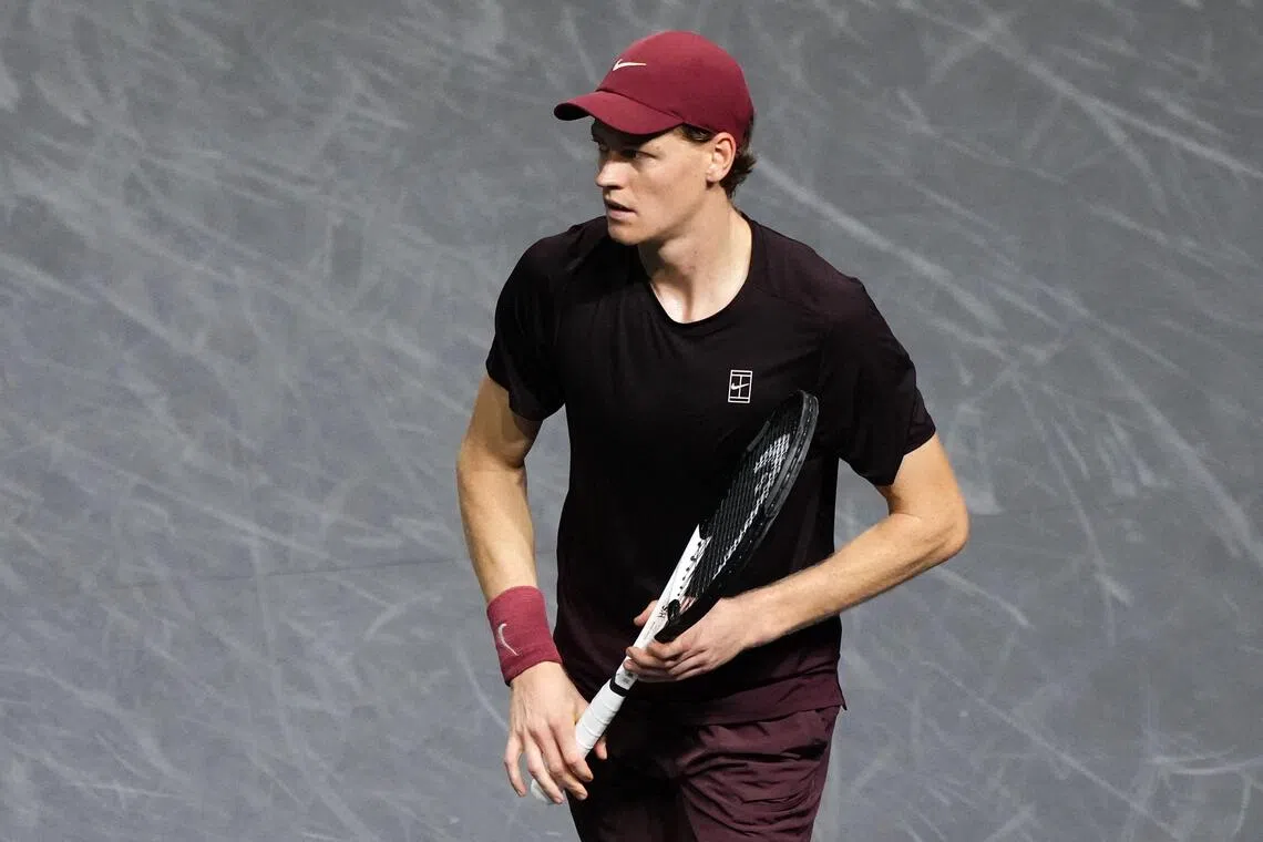 Italy's Jannik Sinner reacts after winning his men's singles semi-final match against Germany's Alexander Zverev on day six of the Paris ATP Masters 1000 tennis tournament at the Paris La Défense Arena in Nanterre, on the outskirts of Paris, on November 1, 2025. (Photo by Dimitar DILKOFF / AFP)