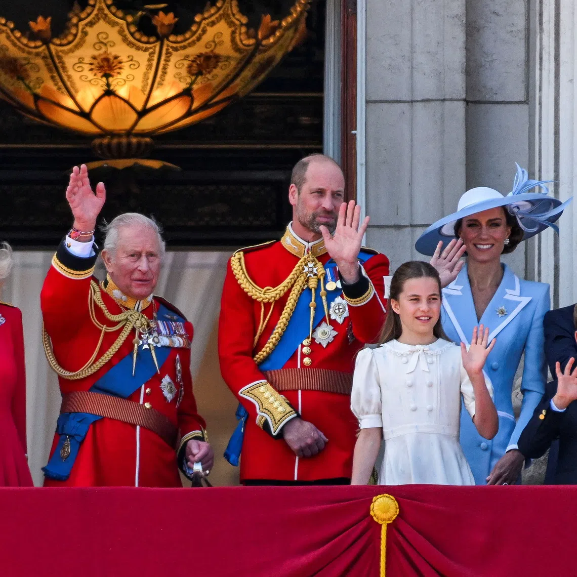 Britain's King Charles, Queen Camilla, Prince William, Kate, Princess of Wales, Prince George, Princess Charlotte and Prince Louis appear on the balcony of Buckingham Palace during the Trooping the Colour parade to honour Britain's King Charles, as part of the official birthday celebrations, in London, Britain, June 13, 2026. REUTERS/Chris J. Ratcliffe