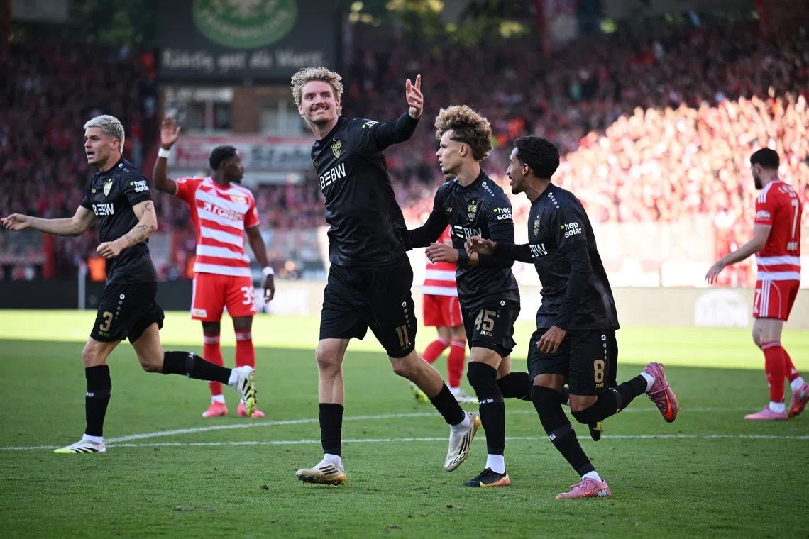Soccer Football - Bundesliga - 1. FC Union Berlin v VfB Stuttgart - Stadion An der Alten Forsterei, Berlin, Germany - August 23, 2025 VfB Stuttgart's Nick Woltemade celebrates scoring a goal that was later disallowed for being offside following a VAR review. REUTERS/Annegret Hilse